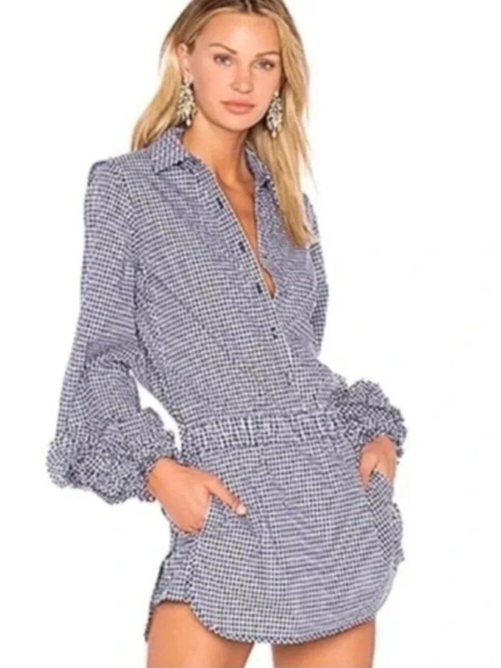 ALEXIS Ozi Blue Gingham Pattern Skort Romper Ruffle Shirt Dress; Sz XL